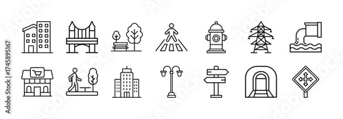 Vector art of collection of urban infrastructure and city elements icons, featuring buildings, transportation, and public utilities