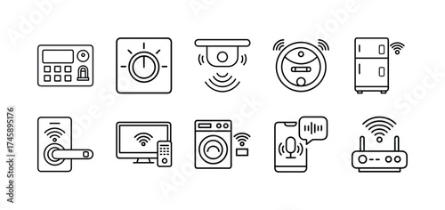 Vector art of collection of smart home and automation icons, including a security panel, thermostat, camera, robot vacuum, refrigerator, smart lock