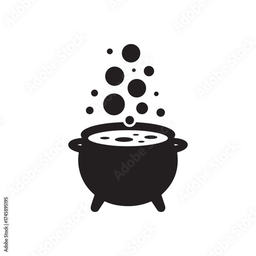 Black cauldron silhouette with boiling potion isolated on white background