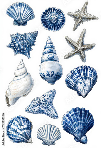 Collection of seashells and starfish in deep blue hues arranged artistically, showcasing the beauty and diversity of ocean life