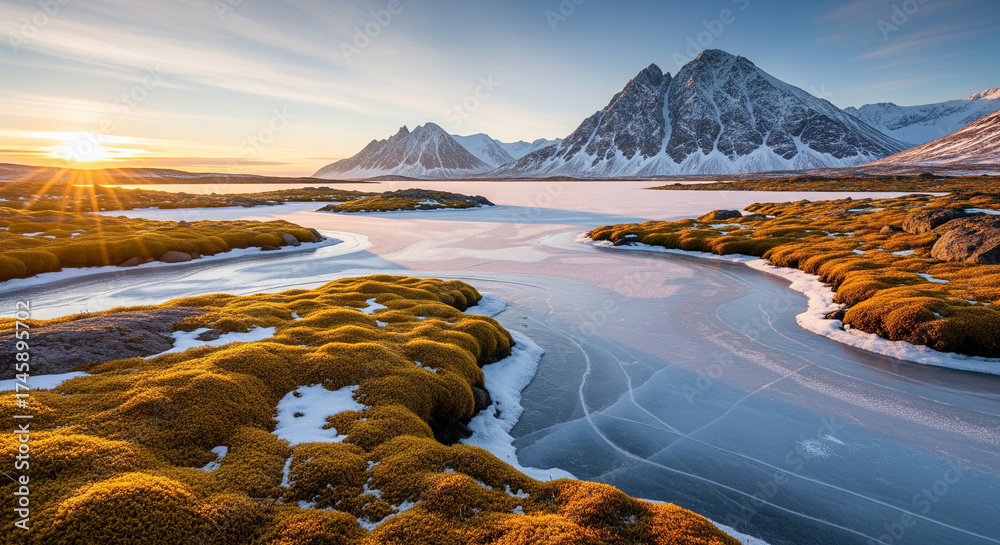 Obraz premium Winter Sunset Over Frozen Tundra River Leading to Snowy Mountains A breathtaking winter landscape captured at sunset, featuring the striking contrast between vibrant golden-orange moss/tundra grass