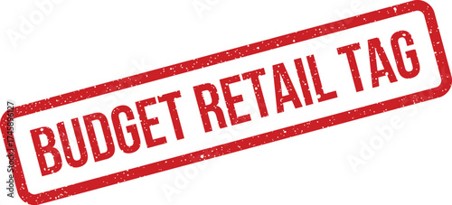 A textured red stamp displaying the phrase budget retail tag, useful for commercial inventory or pricing