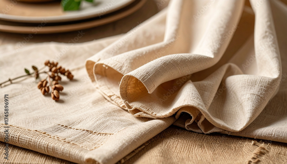 Fototapeta premium A close up of a beige linen napkin with a decorative edge and a small brown flower on the table