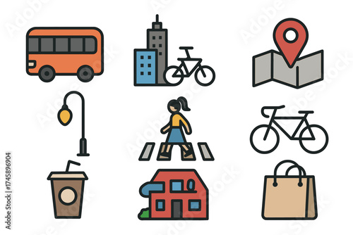 City life and urban living icon set. Colorful symbols of metropolis activities
