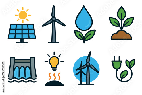 Renewable energy and green power icon set. Colorful symbols of sustainable resources