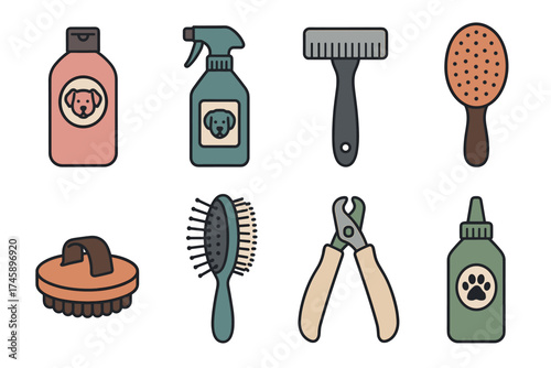 Dog grooming tools icon set. Colorful symbols of pet care and hygiene