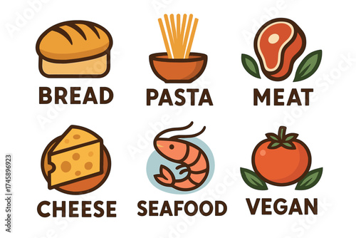 Food categories icon set. Colorful symbols of different meal types