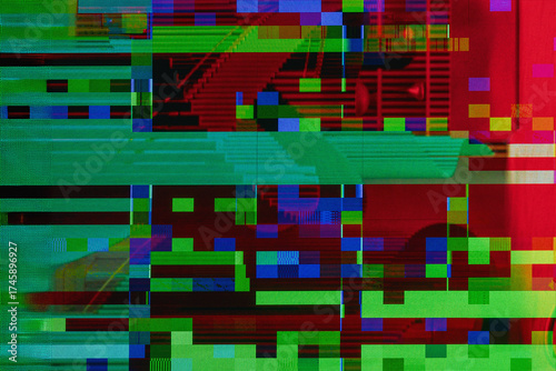 Abstract digital glitch pattern with colorful pixels in red, green, blue tones. Design background, copy space. Concept of technology, error, and digital distortion, cyber aesthetics and modern chaos