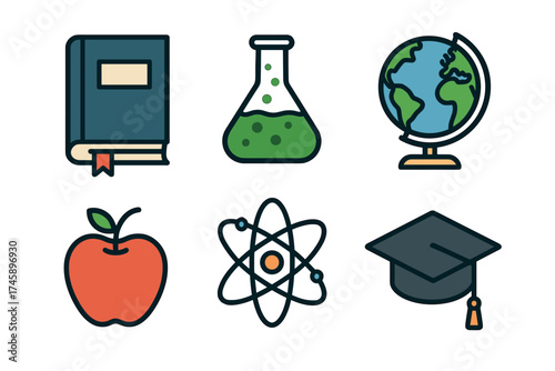 School and education icon set. Colorful symbols of learning and science