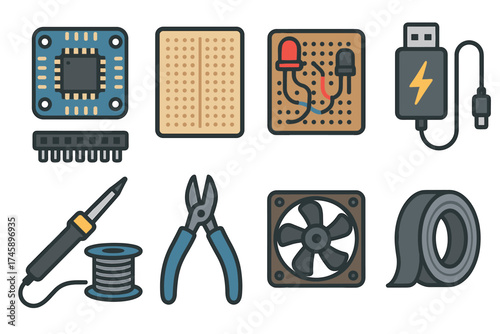 Electronics hobbyist and DIY icon set. Colorful symbols of circuit building and components