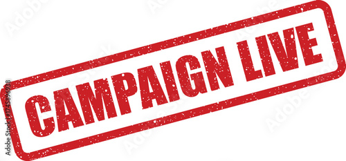 Rectangular rubber stamp impression indicating an active marketing campaign status currently in progress for public viewing