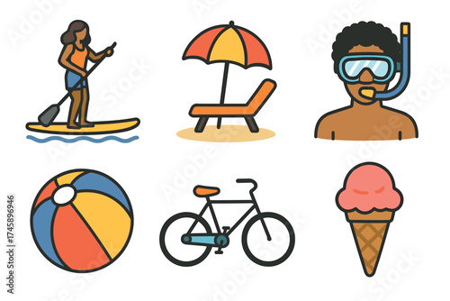Summer activities and vacation icon set. Colorful symbols of holiday and recreation