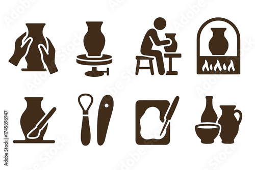 Pottery and ceramics icon set. Solid brown symbols of clay crafting and hobby