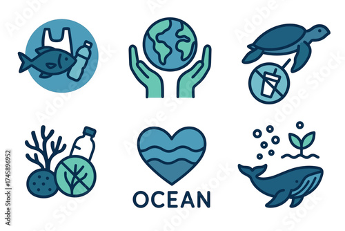 Ocean conservation icon set. Two-tone color symbols of marine life protection