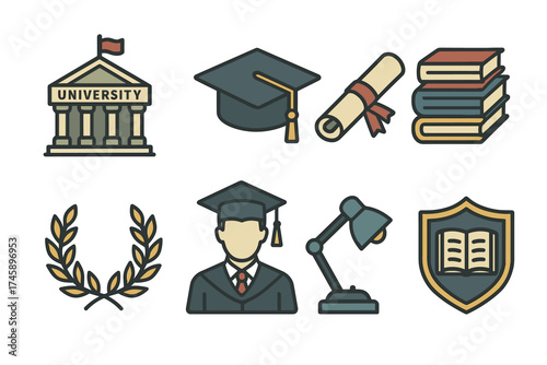 University and academic icon set. Colorful symbols of higher education and graduation