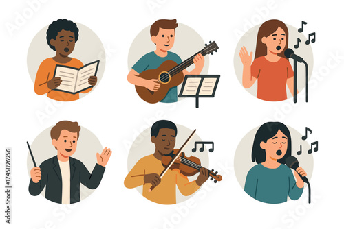 Musicians and singers icon set. Flat color illustrations of people in musical performance