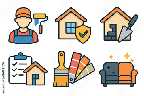 Home renovation and improvement icon set. Colorful symbols of DIY and repair