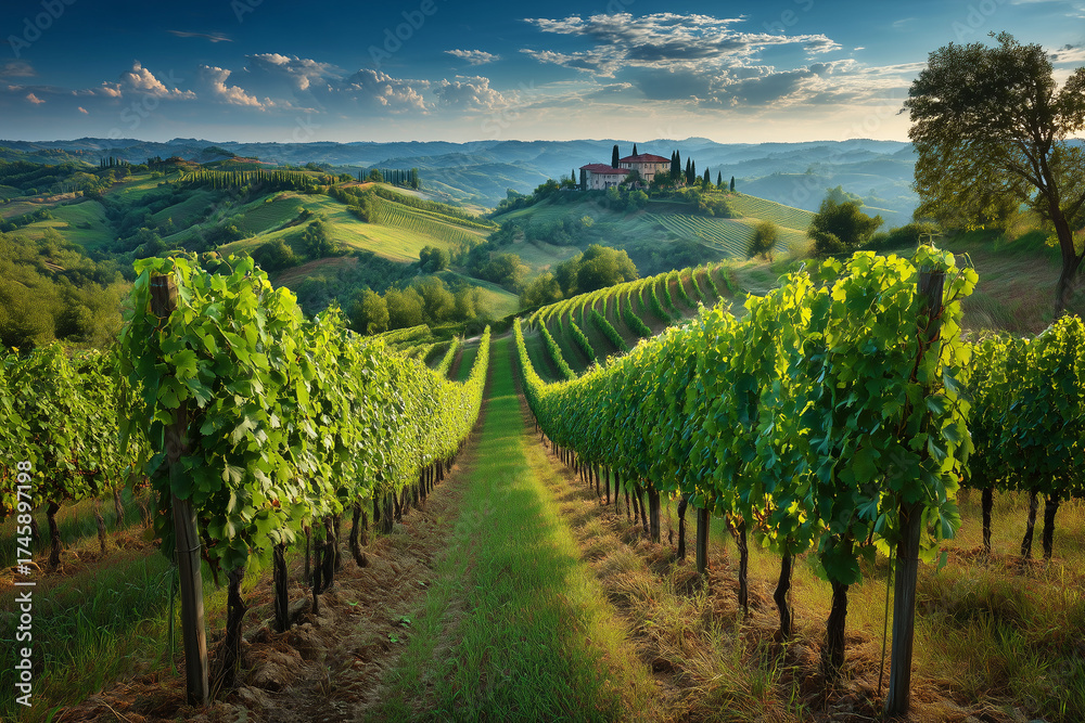 Naklejka premium Vineyard Landscape at Sunset with Rows of Green Grapevines and Distant Villa among Rolling Hills