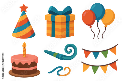 Birthday party and celebration icon set. Flat color symbols of festive items