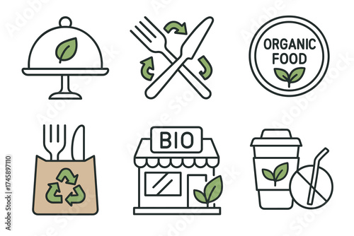 Organic food and eco-friendly dining icon set. Line art symbols of natural and bio products