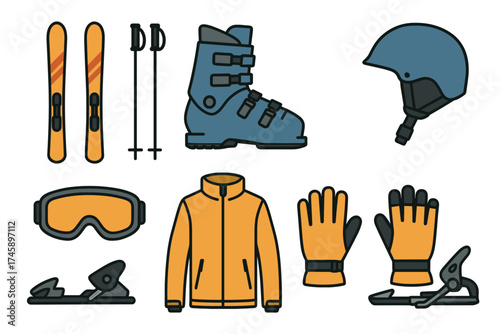 Ski and winter sport equipment icon set. Colorful symbols of skiing gear