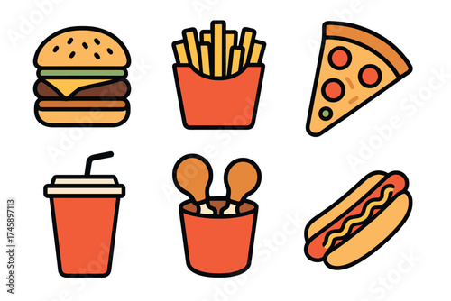 Fast food icon set. Colorful symbols of junk food and takeaway meals