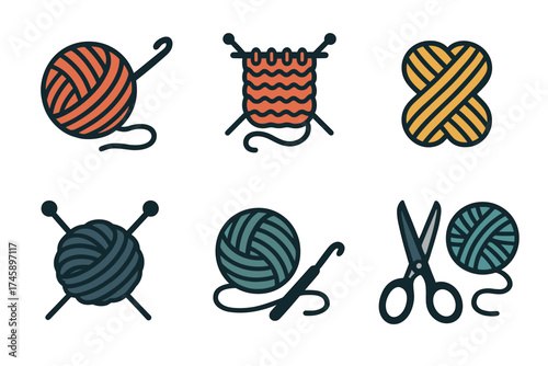 Knitting and crochet icon set. Colorful symbols of yarn crafts and hobbies