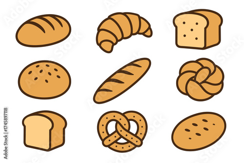Bread and bakery icon set. Colorful symbols of baked goods