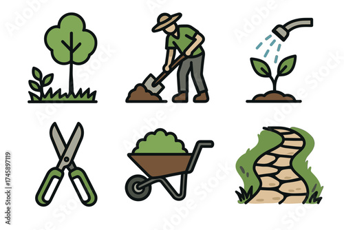 Gardening and landscaping icon set. Colorful symbols of garden work and tools