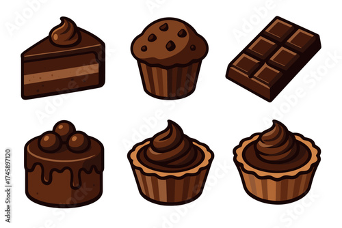 Chocolate dessert and sweet food icon set. Colorful cartoon symbols of confectionery