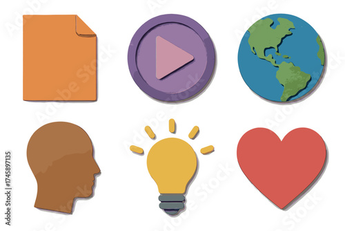 Abstract icons with paper-cut effect. Colorful symbols for web and apps