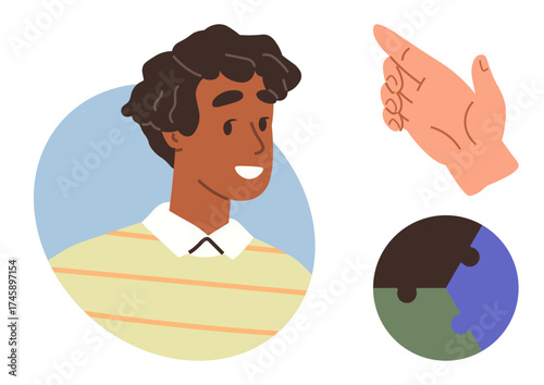 Friendly person smiling, pointing hand gesture, and puzzle globe symbolizing collaboration, inclusivity, education, teamwork, problem solving, diversity, and global connection in a simple flat