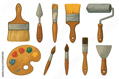Art supplies and painting tools icon set. Realistic color illustrations of artist equipment