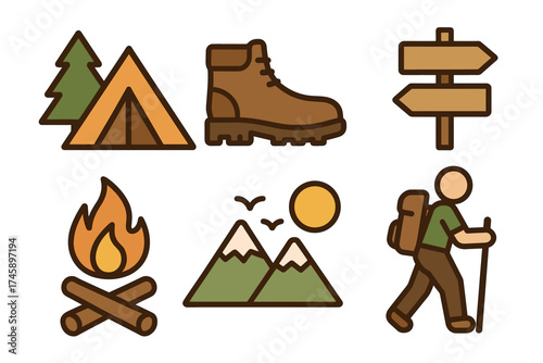 Hiking and camping icon set. Colorful symbols of outdoor adventure and nature
