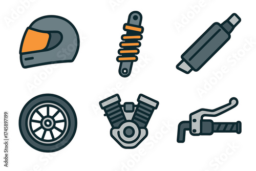 Motorcycle parts and accessories icon set. Colorful symbols of bike components
