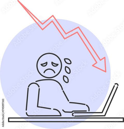 Icon of a person worried about financial decline and loss in online business