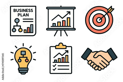 Business plan and strategy icon set. Colorful symbols of corporate planning and goals
