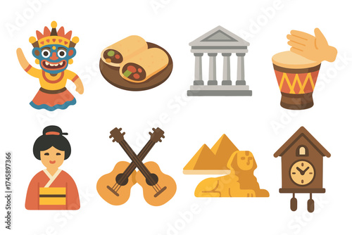 World cultures and travel icon set. Flat color symbols of different countries