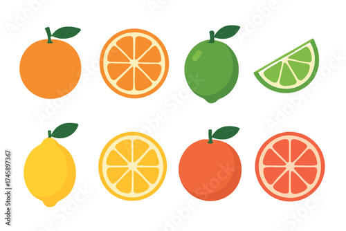 Citrus fruit icon set. Flat color symbols of orange, lemon, lime, and grapefruit
