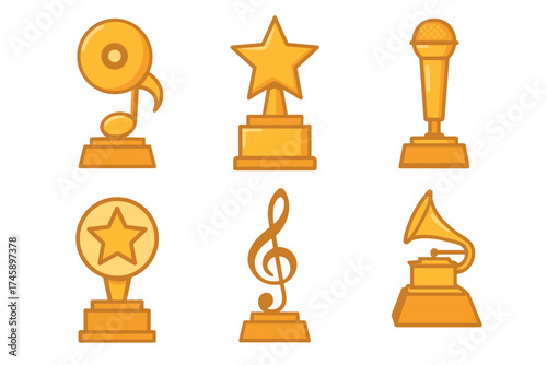 Music awards and trophies icon set. Golden symbols of achievement and victory