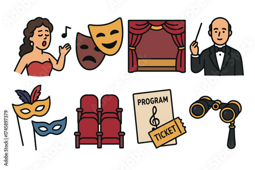 Theater and opera icon set. Colorful symbols of performing arts