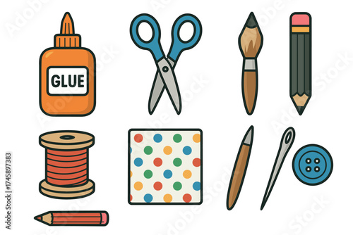 Arts and crafts supplies icon set. Colorful symbols of DIY and school projects