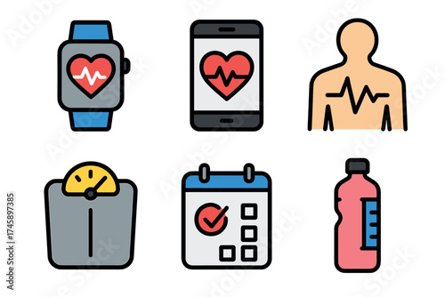 Health and fitness tracking icon set. Colorful symbols of wellness and activity monitoring