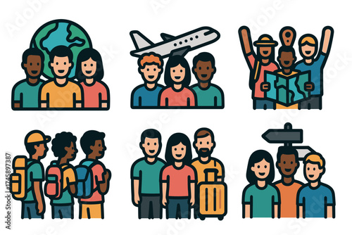 Group travel and tourism icon set. Colorful symbols of friends on vacation