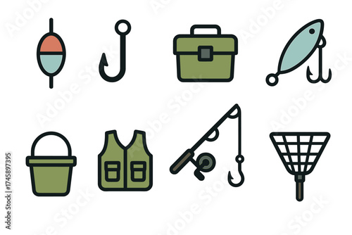 Fishing and angling icon set. Colorful symbols of fishing gear and equipment