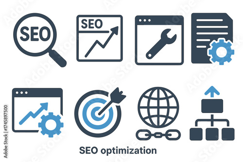 SEO optimization icon set. Two-color symbols of search engine marketing