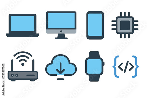 Technology and computing icon set. Colorful symbols of digital devices and networks