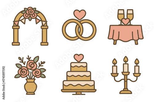 Wedding and ceremony icon set. Colorful symbols of marriage and celebration