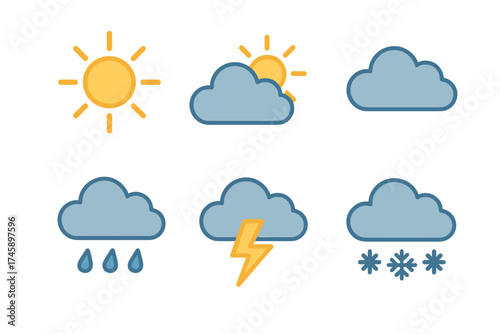 Weather forecast icon set. Flat color symbols of different weather conditions