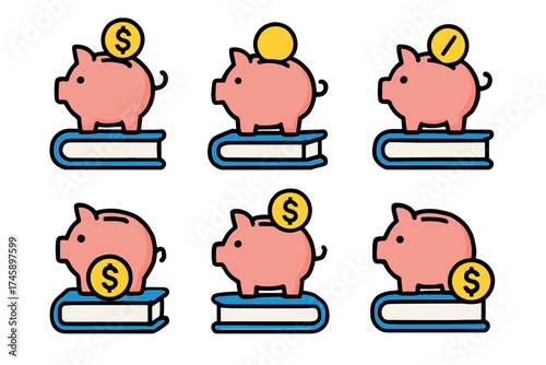 Saving for education icon set. Colorful symbols of a college fund and tuition savings